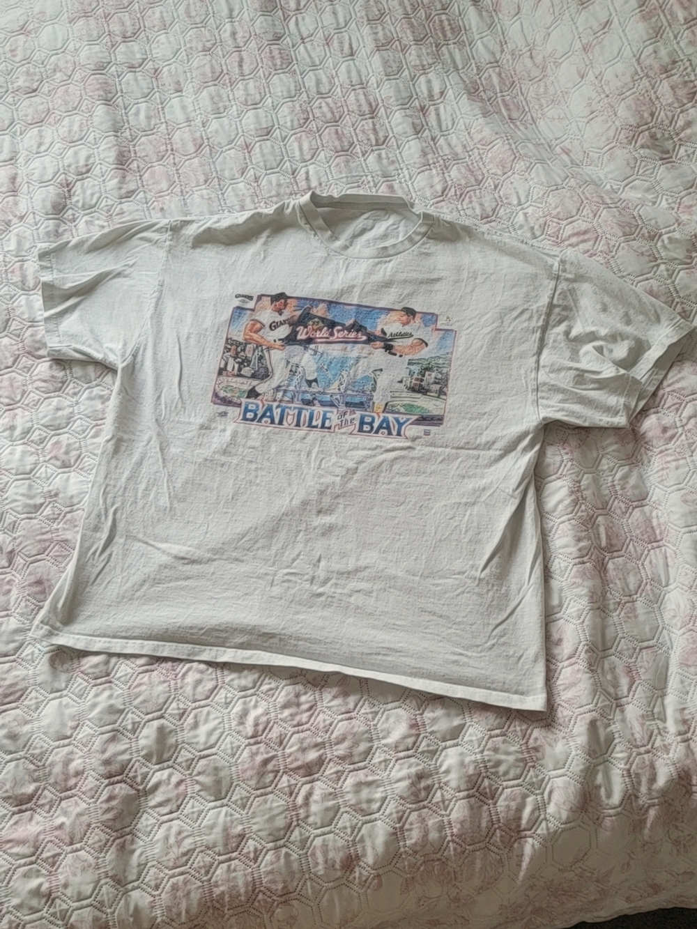 Vintage White 'Battle of the Bay' Graphic Tee with Blue Print